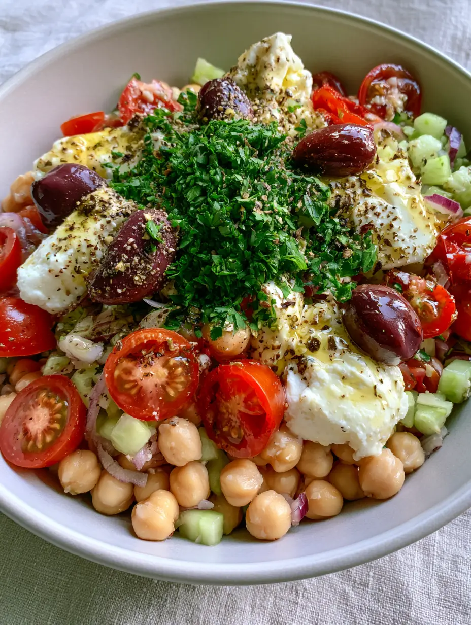Salad recipes: The Ultimate Mediterranean Chickpea and Feta Chopped Bowl 3 Extreme close-up of heirloom tomatoes, feta chunks, and parsley in a chickpea salad. (Salad recipes)