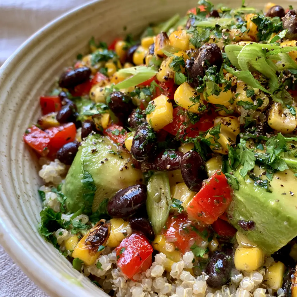 Close-up of buttery avocado chunks and red bell peppers nestled in a Black bean and corn quinoa salad.
