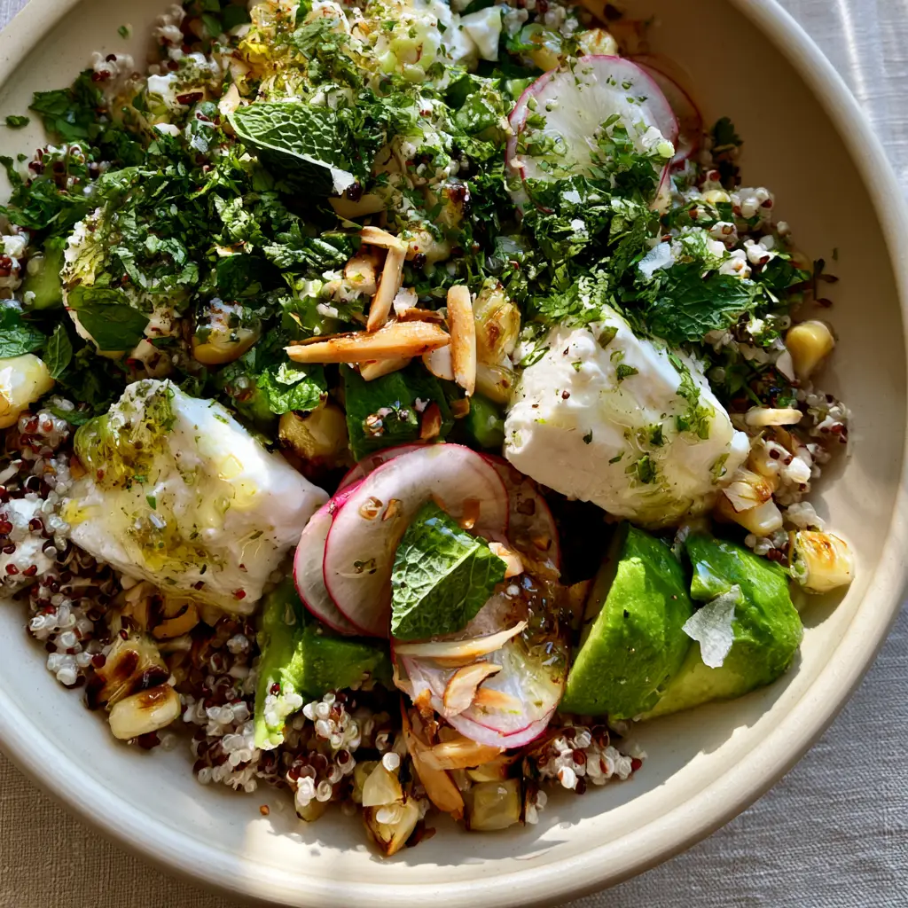 Salade de Quinoa : La Recette Ultime au Maïs Grillé, Feta et Avocat 1 Salade de quinoa garnie d'amandes effilées grillées et de maïs carbonisé sous une lumière naturelle matinale.