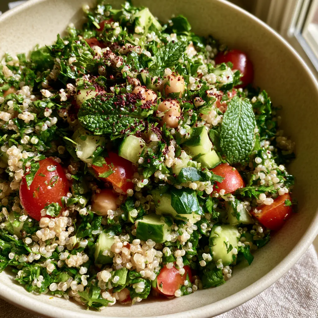 Quinoa Tabbouleh: The Ultimate Vibrant Mediterranean Herb Salad 1 A shallow ceramic bowl of quinoa tabbouleh garnished with chickpeas and a dusting of red sumac on a linen surface.