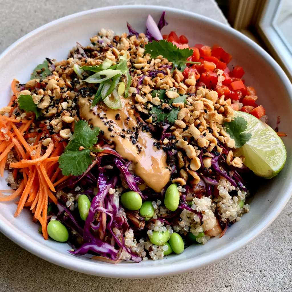Thai quinoa salad with Crunchy Veggies and Creamy Peanut Dressing 2 A high-angle photo of Thai quinoa salad featuring fluffy white grains, bright green edamame, and matchstick carrots in a white ceramic bowl.