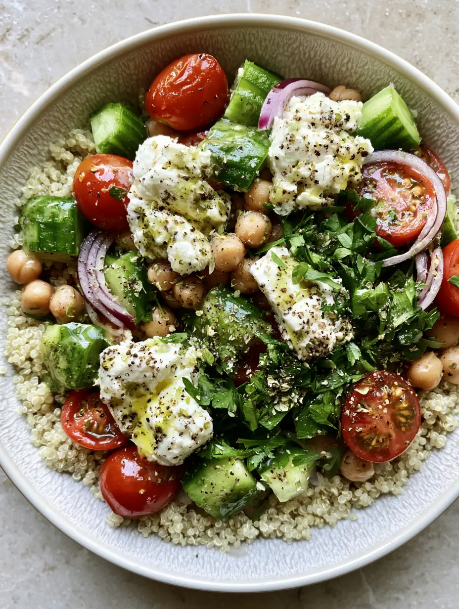 Cucumber Quinoa Salad with Feta and Lemon Vinaigrette 4 Macro shot of fluffy white quinoa grains mixed with diced Persian cucumbers and chickpeas in a Cucumber Quinoa Salad.