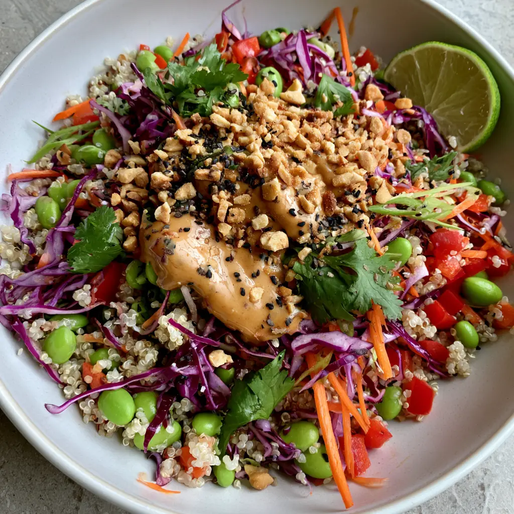 Thai quinoa salad with Crunchy Veggies and Creamy Peanut Dressing 1 Close-up of a thick tan peanut dressing glistening over a bed of purple cabbage and quinoa in a Thai quinoa salad.