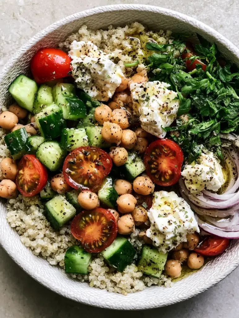 Cucumber Quinoa Salad with Feta and Lemon Vinaigrette 1 Overhead view of Cucumber Quinoa Salad highlighting the glossy cherry tomatoes and creamy feta chunks.