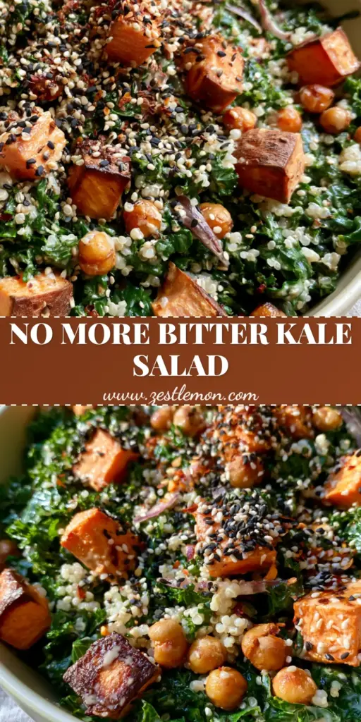 Quinoa Kale Salad with Roasted Sweet Potatoes and Lemon Tahini 3 Overhead close-up of a quinoa kale salad in a cream ceramic bowl with emerald kale, roasted sweet potatoes, and sesame seeds.