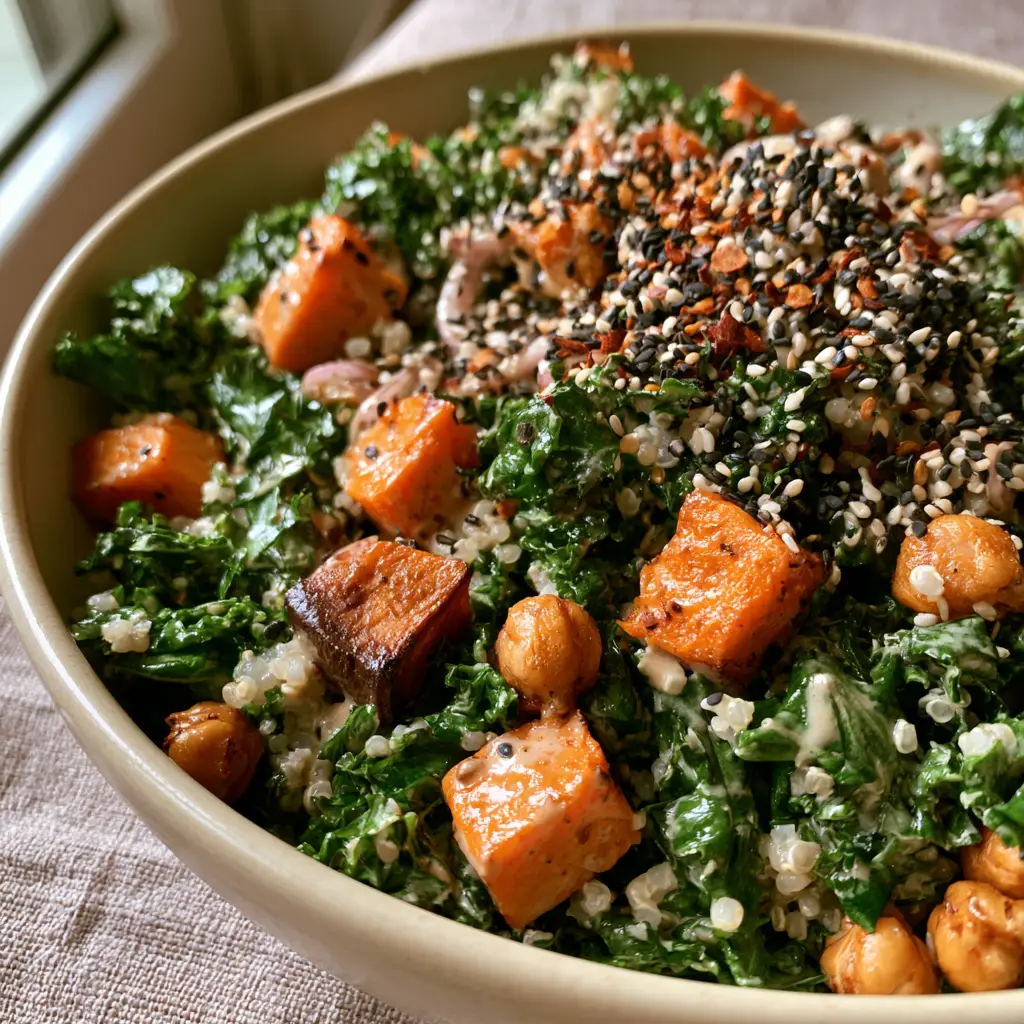 Quinoa Kale Salad with Roasted Sweet Potatoes and Lemon Tahini 2 Handheld smartphone shot of a quinoa kale salad featuring massaged kale and golden crispy chickpeas in morning light.