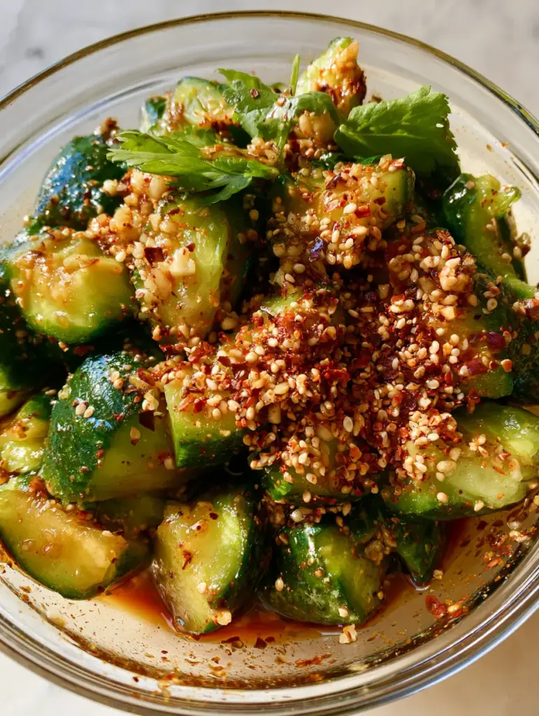 Close up of smashed Persian cucumbers showing craggy edges and glossy amber dressing in a glass bowl. (salad recipe)