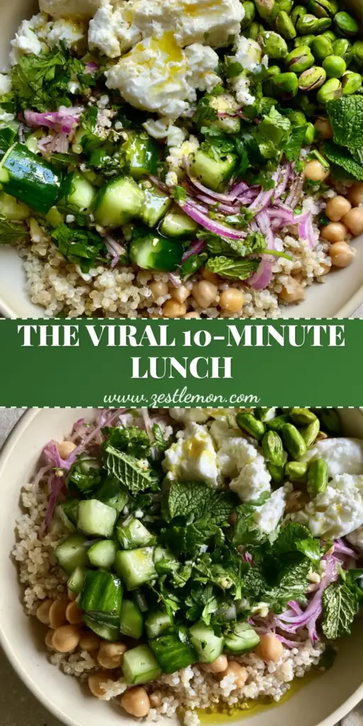 Jennifer Aniston Quinoa Salad: The Ultimate Viral Healthy Lunch 4 A top-down view of the Jennifer Aniston quinoa salad in a cream bowl featuring fluffy quinoa, chickpeas, cucumbers, and pistachios.