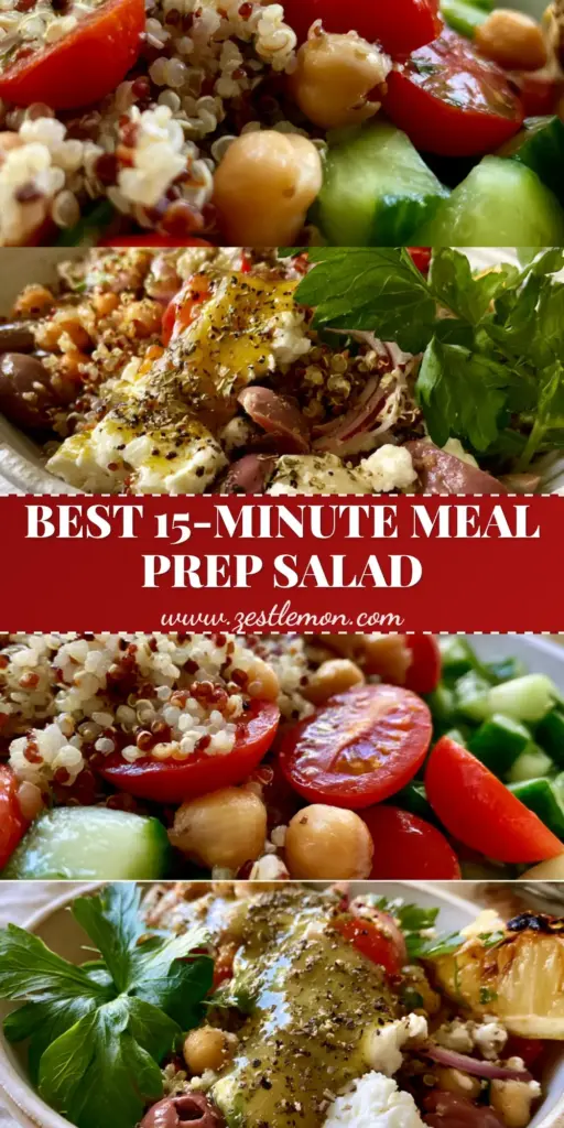 A vertical Pinterest graphic showing a macro close-up and a wide shot of an Easy Quinoa Salad with tri-color grains, feta, and a charred lemon wedge.