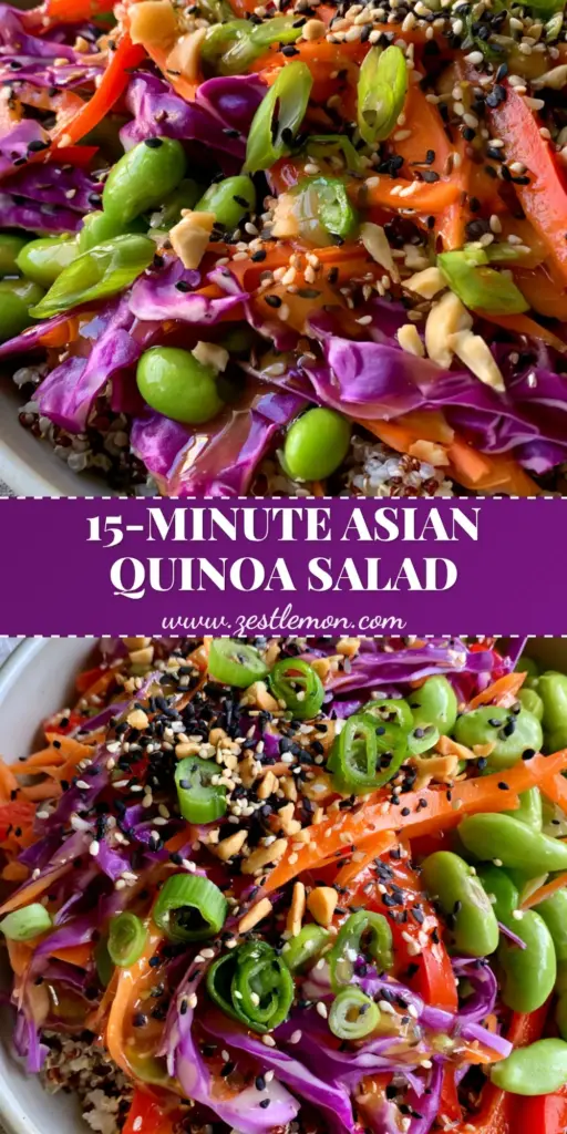 Asian Quinoa Salad with Ginger Sesame Dressing 4 A top-down view of a vibrant Asian quinoa salad in a matte white bowl featuring purple cabbage, julienned carrots, and edamame.