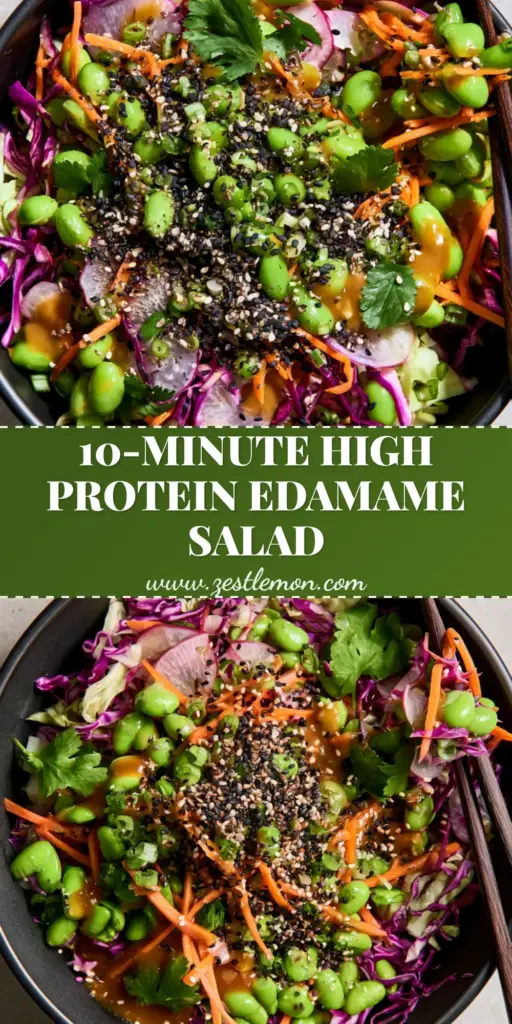 Japanese Edamame Salad with Glossy Sesame Ginger Dressing 4 A top-down view of a Japanese Edamame Salad in a matte black bowl featuring bright green edamame, purple cabbage, and a glossy amber dressing.