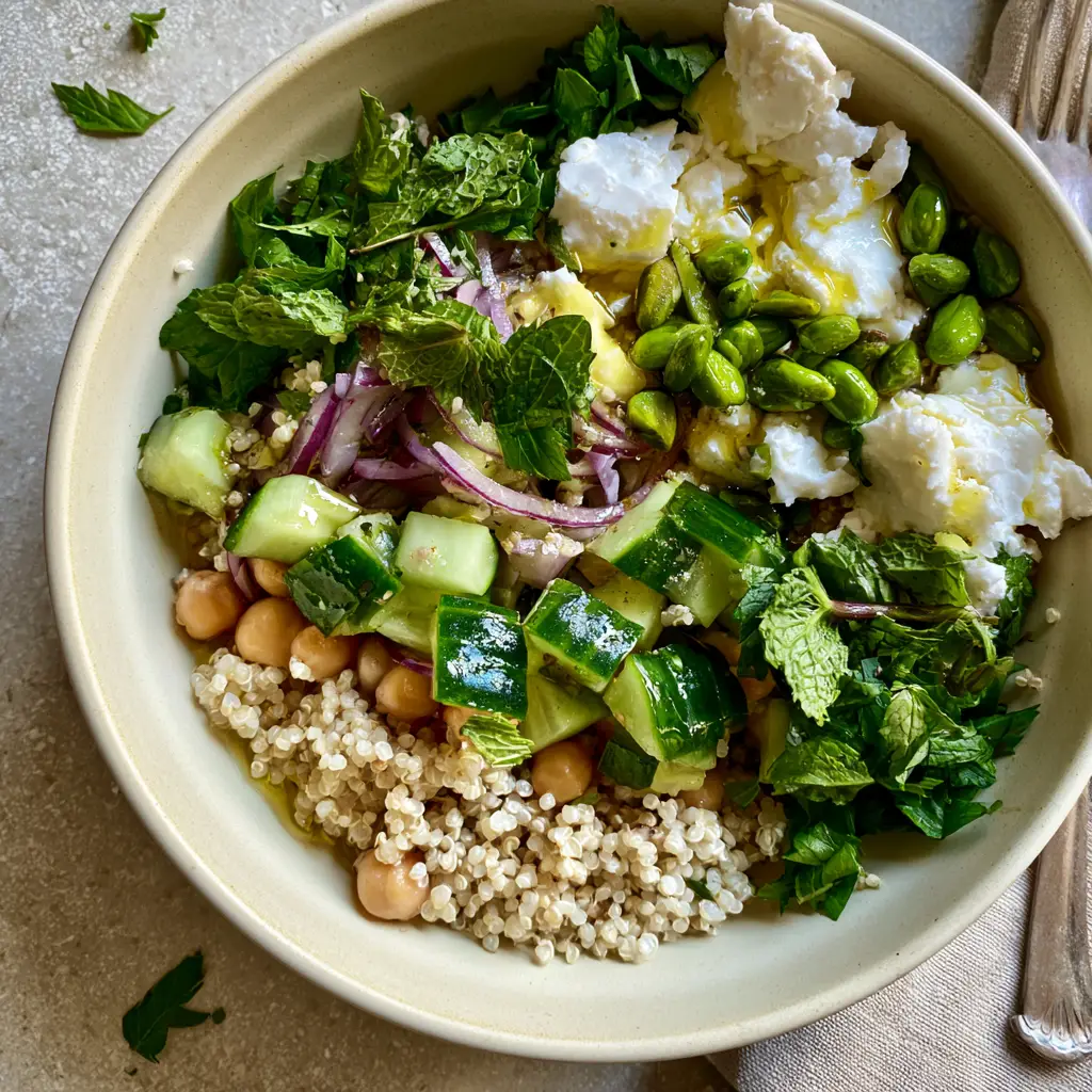 Jennifer Aniston Quinoa Salad: The Ultimate Viral Healthy Lunch 1 Angled smartphone photo of Jennifer Aniston quinoa salad on a stone countertop with a silver fork.
