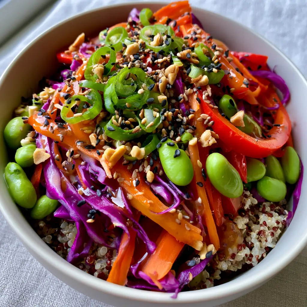 Asian Quinoa Salad with Ginger Sesame Dressing 2 Close-up macro shot of fluffy white and red quinoa topped with neon-orange julienned carrots and glossy amber dressing. (Asian quinoa salad)