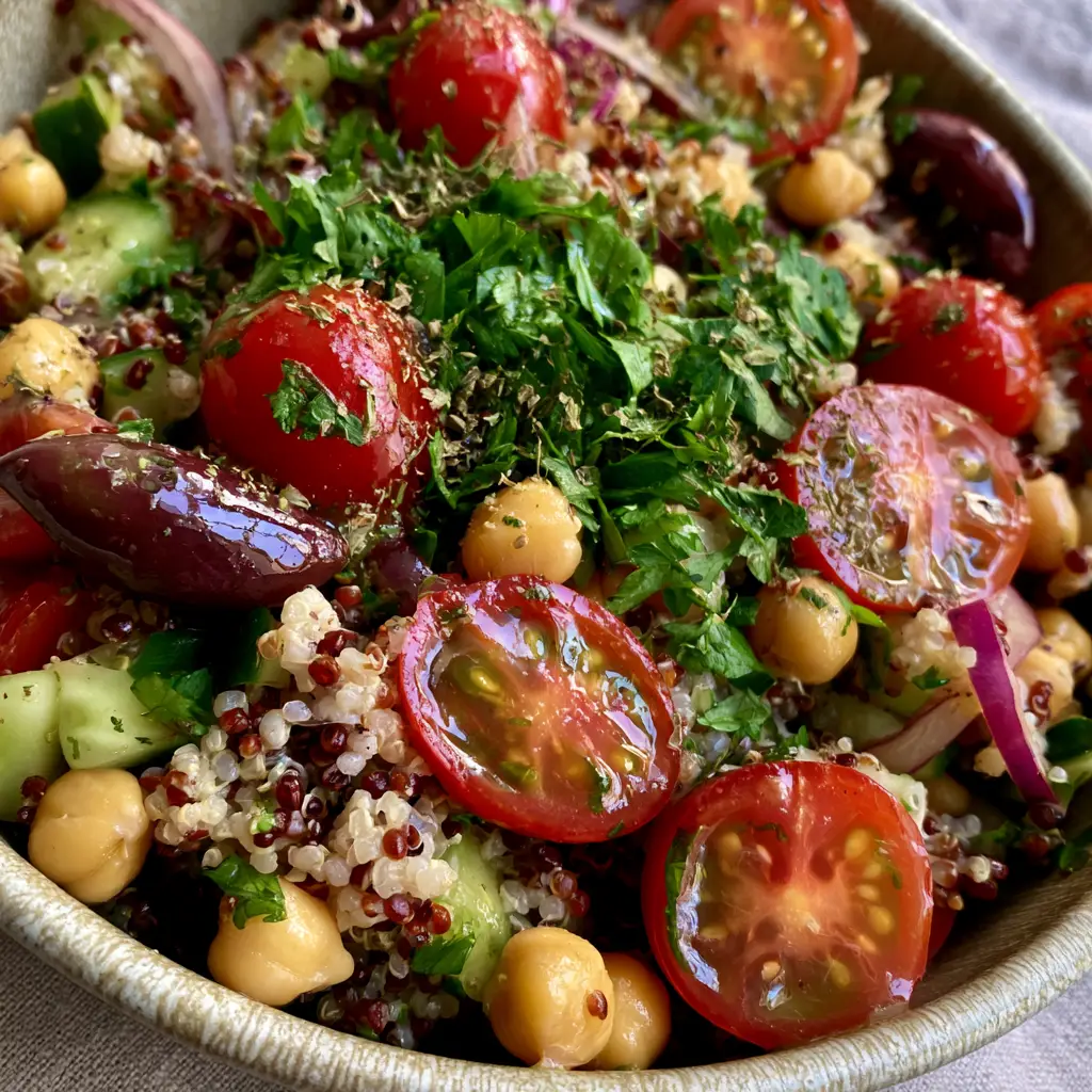 Chickpea Quinoa Salad: The Ultimate Mediterranean Power Bowl 2 Macro close-up of fluffy mixed quinoa and plump golden chickpeas in a Mediterranean chickpea quinoa salad.
