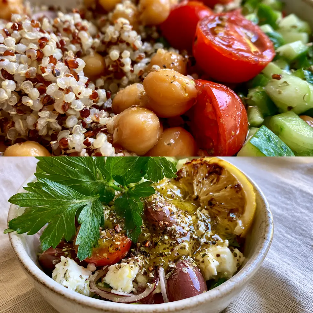 A rustic white bowl filled with Easy Quinoa Salad topped with crumbled feta, kalamata olives, and a charred lemon wedge on a linen surface.