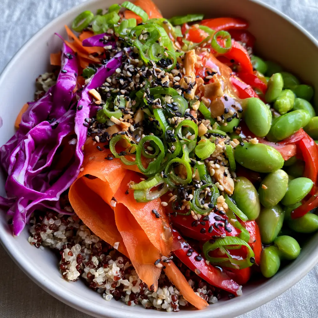 Asian Quinoa Salad with Ginger Sesame Dressing 1 A vibrant Asian quinoa salad showcasing shredded purple cabbage, crisp cucumbers, and toasted sesame seeds on a grey linen background.