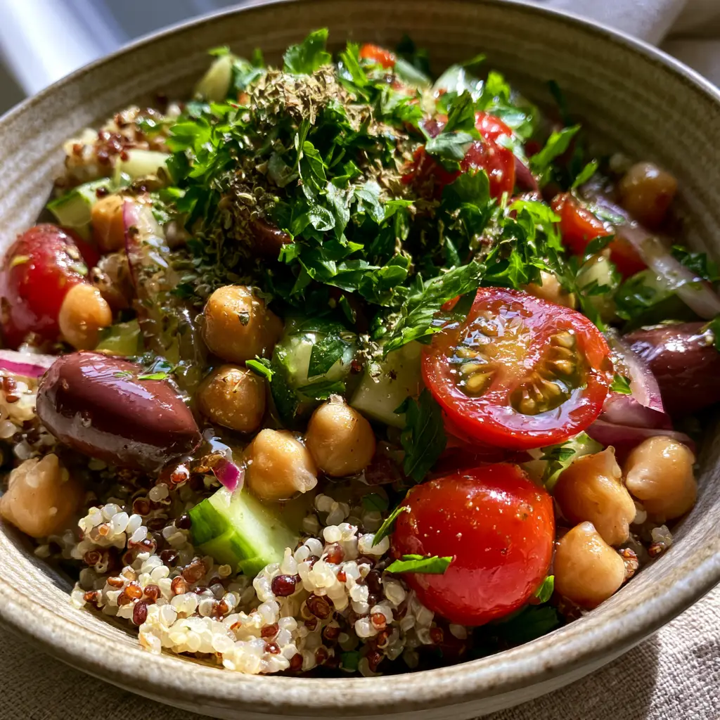 Chickpea Quinoa Salad: The Ultimate Mediterranean Power Bowl 1 A shallow ceramic bowl filled with chickpea quinoa salad, drizzled with a glossy lemon-herb vinaigrette.