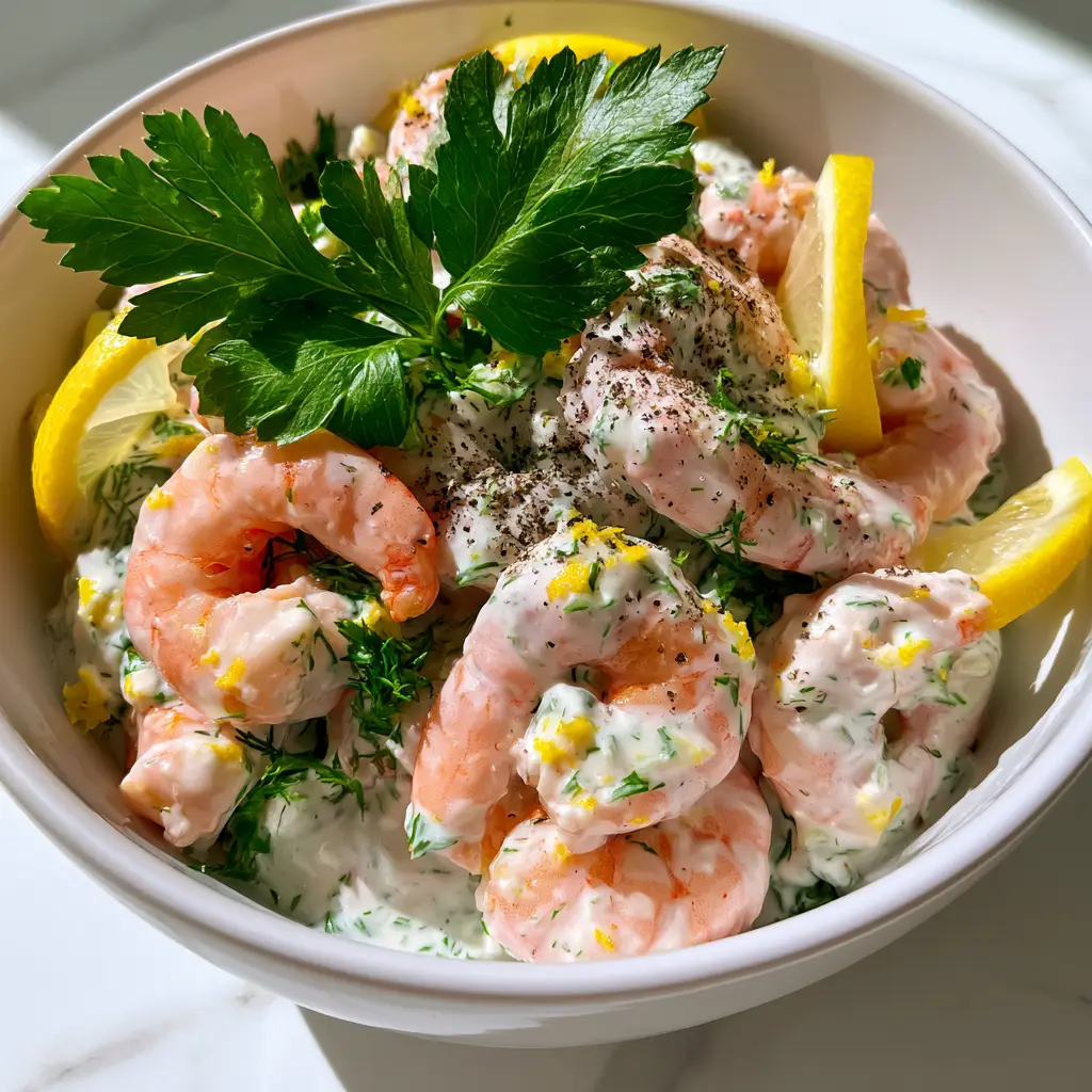 Shrimp Salad Recipes: The Ultimate Creamy Lemon Herb Gourmet Delight 2 Macro top-down view of plump pink succulent shrimp in a thick velvety white cream dressing with lemon zest and dill. (shrimp salad recipes)