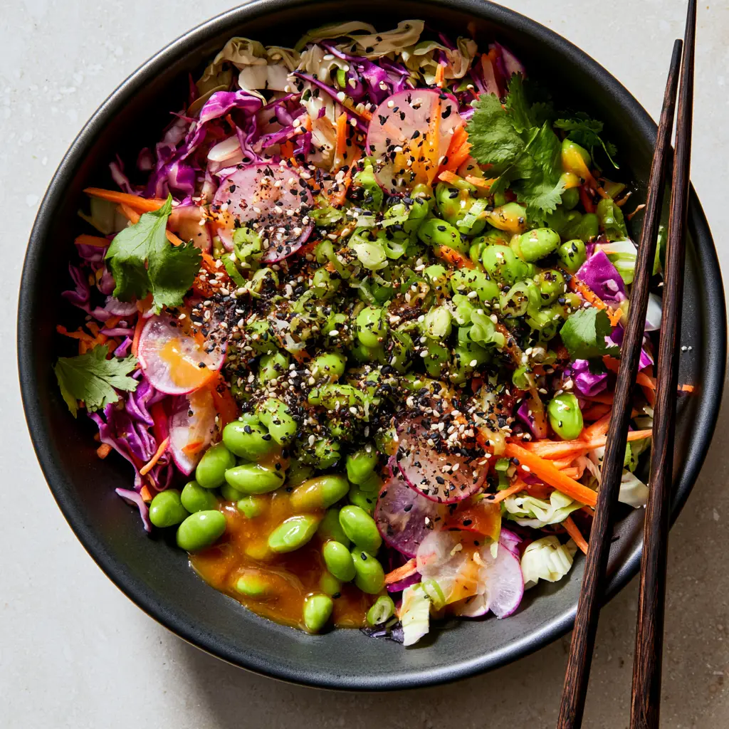 Japanese Edamame Salad with Glossy Sesame Ginger Dressing 1 A professional food photography shot of Japanese Edamame Salad with dark wood chopsticks lifting a fresh, crunchy bite.