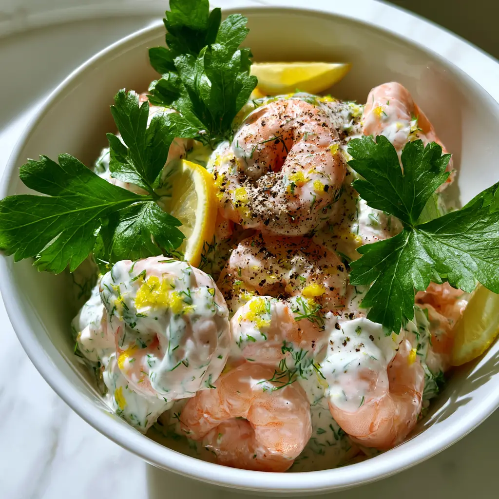 Shrimp Salad Recipes: The Ultimate Creamy Lemon Herb Gourmet Delight 1 Close up of a minimalist white bowl filled with creamy shrimp salad garnished with parsley sprigs and cracked black pepper.