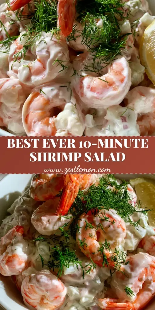 Shrimp Salad Recipe: The Ultimate Creamy Lemon Dill Version 4 A vertical Pinterest-optimized image showing a close-up of a Shrimp salad recipe with vibrant pink shrimp and fresh green dill in a white bowl.