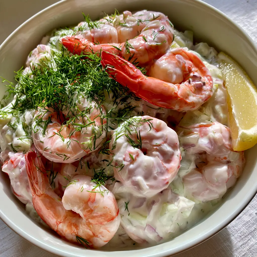 Shrimp Salad Recipe: The Ultimate Creamy Lemon Dill Version 2 Macro overhead shot of a premium creamy shrimp salad featuring plump succulent poached shrimp coated in a velvety white dressing and fresh dill. (Shrimp salad recipe)