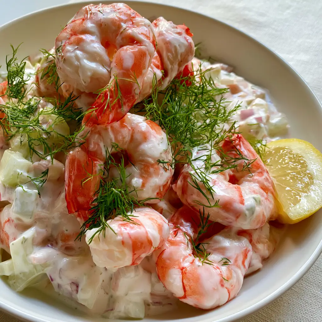 Shrimp Salad Recipe: The Ultimate Creamy Lemon Dill Version 1 Close-up visual of a shrimp salad recipe showing the texture of translucent celery, red onion bits, and bright green dill fronds on pink shrimp.