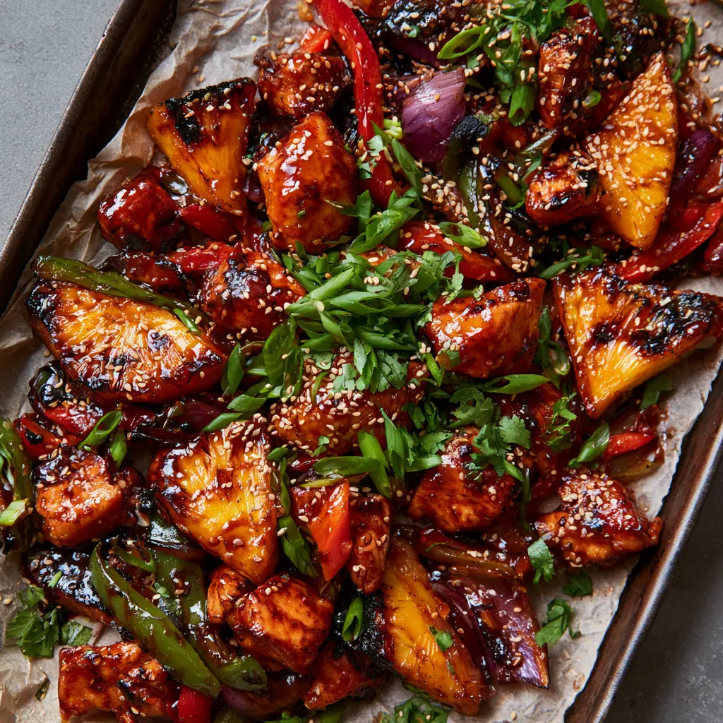 Close up of glazed Hawaiian chicken breast chunks with toasted sesame seeds and fresh scallions.