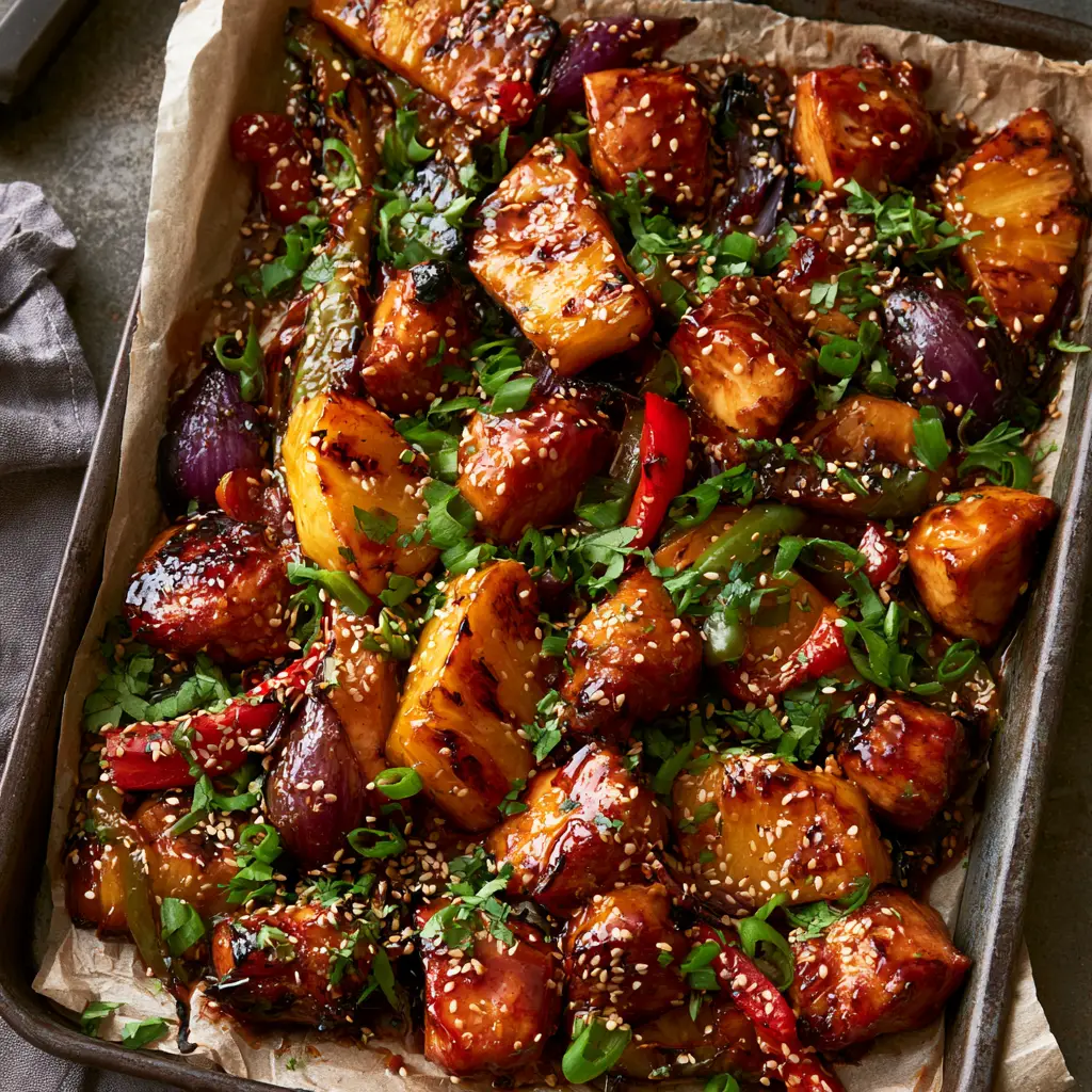 Hawaiian Chicken Sheet Pan Dinner with Glossy Teriyaki Glaze 1 Rustic dark metal sheet pan filled with Hawaiian chicken, grilled pineapple wedges, and blistered peppers.