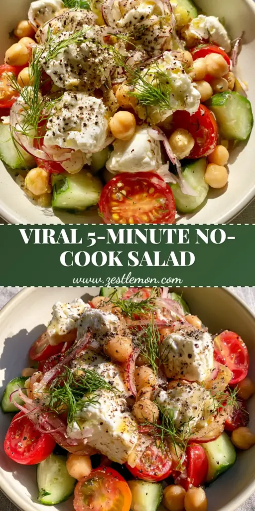 Cucumber Feta Salad with Chickpeas and Fresh Dill 4 Vertical Pinterest Pin showing a vibrant cucumber feta salad with large creamy feta chunks, chickpeas, and fresh dill in a matte ceramic bowl.