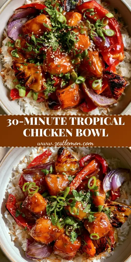 Hawaiian Chicken with Coconut Rice: The Ultimate Tropical Glaze Recipe 3 A top-down influencer-style photo of Hawaiian chicken with coconut rice in a ceramic bowl, showing seared chicken, glazed pineapple, and charred peppers over creamy white rice.