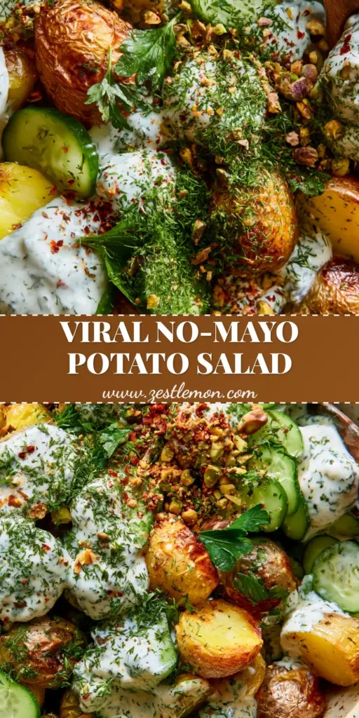 Healthy Potato Salad with Blistered Gold Potatoes and Herby Yogurt 4 Vertical Pinterest pin showing a top-down view of a healthy potato salad with roasted potatoes, yogurt dressing, and green herbs in a ceramic bowl.