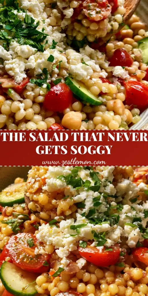 A vibrant Mediterranean pearl couscous salad with chickpeas, feta, and cherry tomatoes in a textured bowl. (couscous salad)