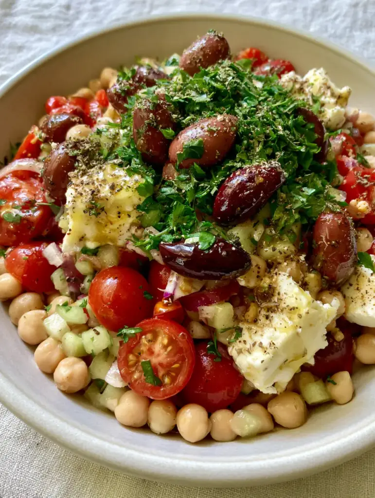 Salad recipes: The Ultimate Mediterranean Chickpea and Feta Chopped Bowl 1 Close-up of diced Persian cucumbers and chickpeas layered in a white bowl. (Salad recipes)
