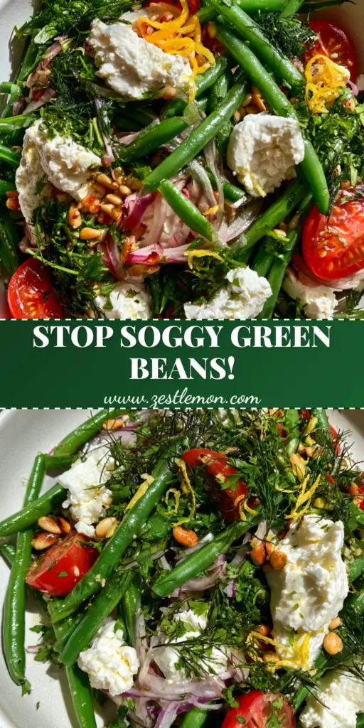 Green Bean Salad with Feta, Lemon, and Toasted Pine Nuts 3 A vibrant green bean salad with emerald beans, white feta crumbles, red cherry tomatoes, and toasted pine nuts in a white bowl. (green bean salad)