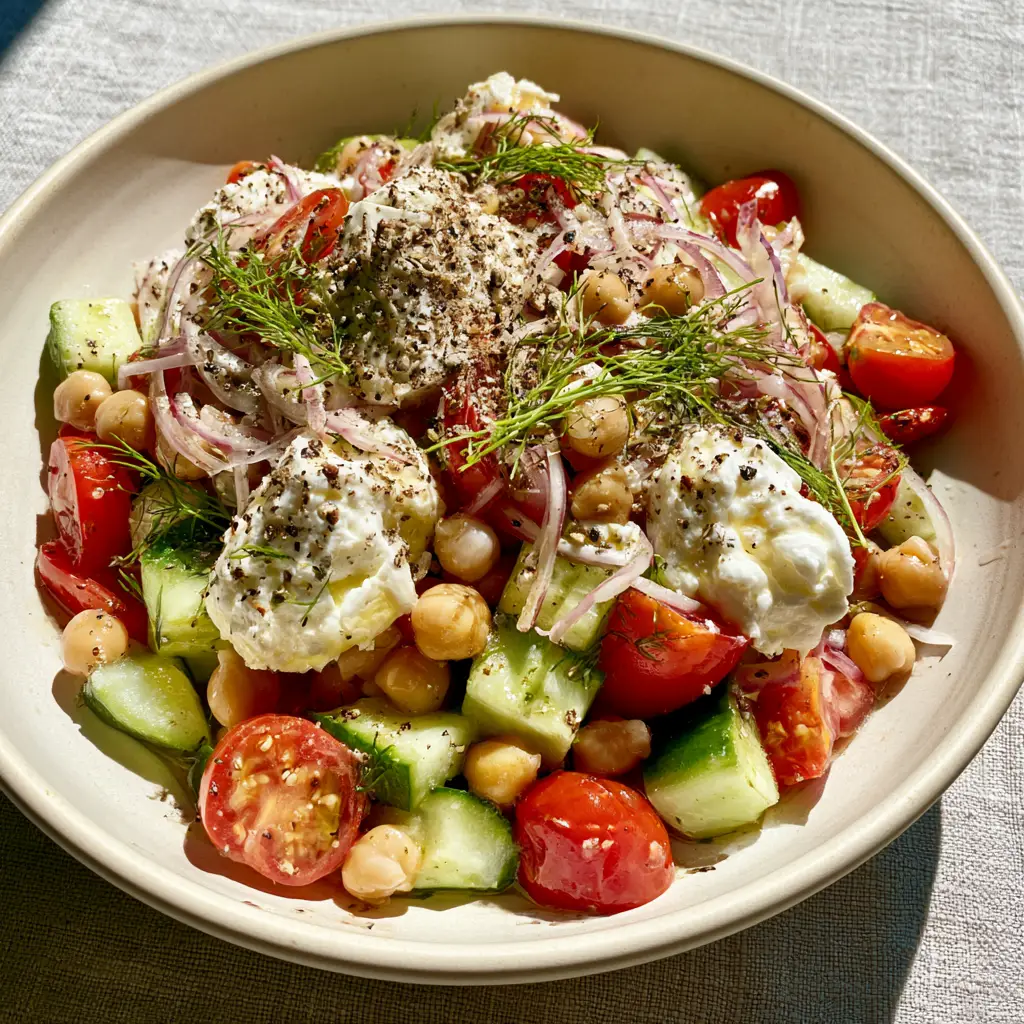 Cucumber Feta Salad with Chickpeas and Fresh Dill 2 Wide-angle handheld photo of Mediterranean cucumber feta salad with chickpeas and heirloom tomatoes under natural morning sunlight.