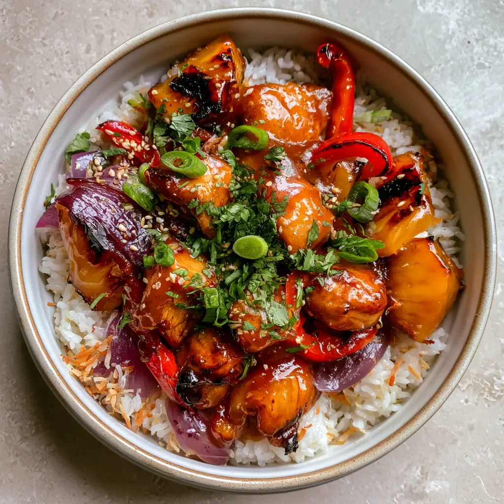 Close-up of seared chicken breast chunks and charred red bell peppers in a thick amber pineapple glaze. (hawaiian chicken with coconut rice)