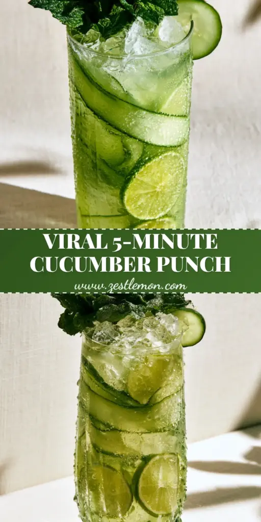 Cucumber Limeade Punch: The Ultimate Sparkling Summer Refreshment 4 A tall vintage fluted glass filled with pale-green Cucumber Limeade Punch, spiraled cucumber ribbons, neon-green lime wheels, and crushed ice, topped with a mint sprig.