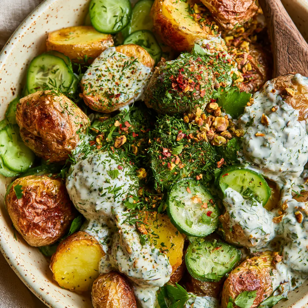 Healthy Potato Salad with Blistered Gold Potatoes and Herby Yogurt 2 Close-up of healthy potato salad featuring blistered gold potatoes, cucumber slices, and herb-flecked yogurt dressing.