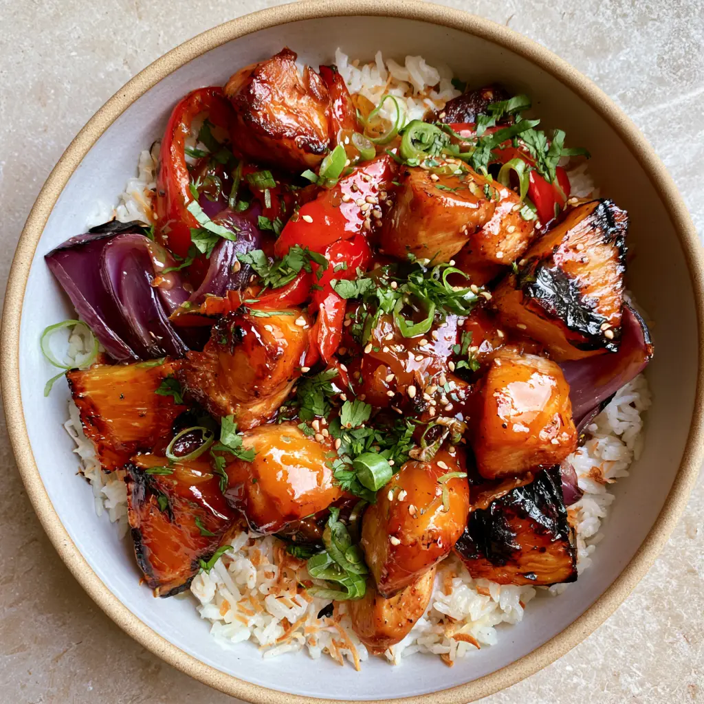 Hawaiian Chicken with Coconut Rice: The Ultimate Tropical Glaze Recipe 1 Hawaiian chicken with coconut rice served in a modern bowl, showing the texture of the fluffy coconut jasmine rice and toasted coconut shreds.
