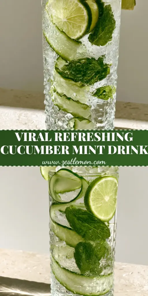 Cucumber Mint Lime Drink: The Ultimate Refreshing Summer Sparkler 4 A tall hobnail glass filled with a cucumber mint lime drink featuring spiraled cucumber ribbons and crushed ice on a stone countertop.