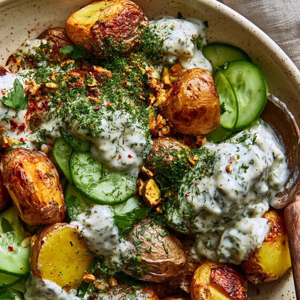 Healthy Potato Salad with Blistered Gold Potatoes and Herby Yogurt 1 Top-down view of healthy potato salad with crushed pistachios, red chili flakes, and fresh dill garnish.