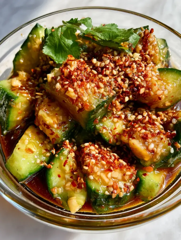 Smashed cucumber salad garnished with toasted sesame seeds and cilantro sprigs. (salad recipe)