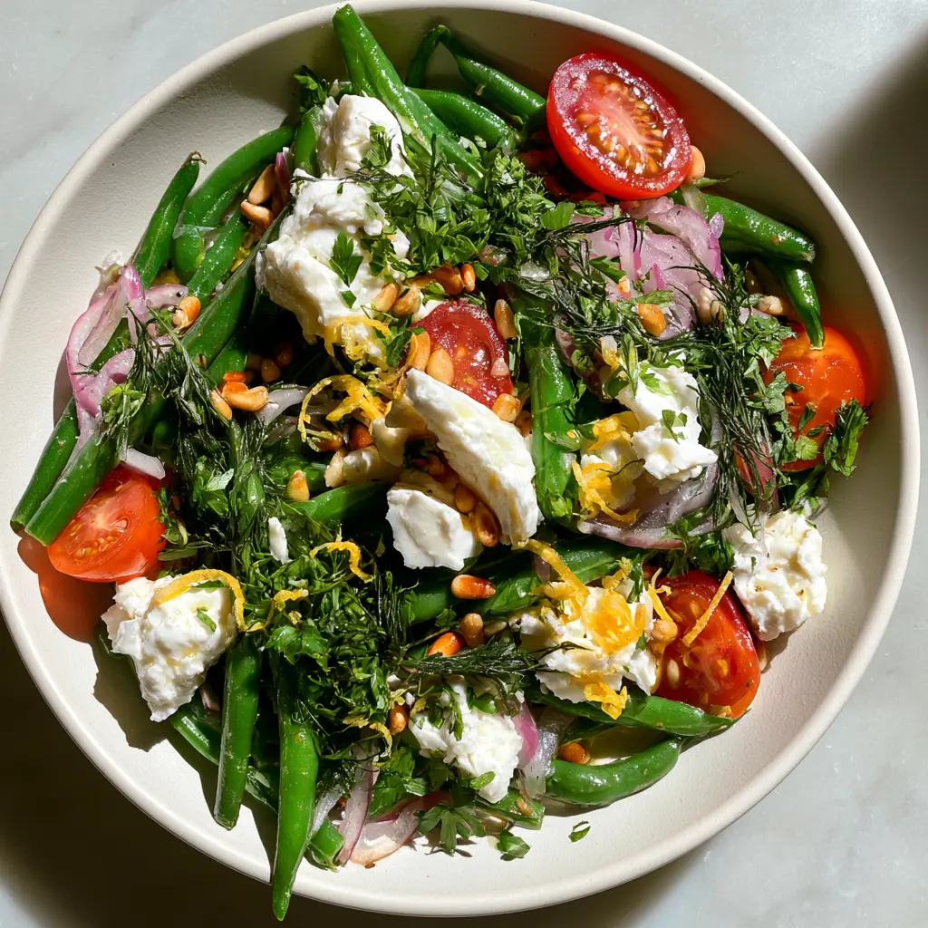 Green Bean Salad with Feta, Lemon, and Toasted Pine Nuts 1 Close up of jagged feta crumbles and toasted pine nuts on top of a fresh green bean salad.