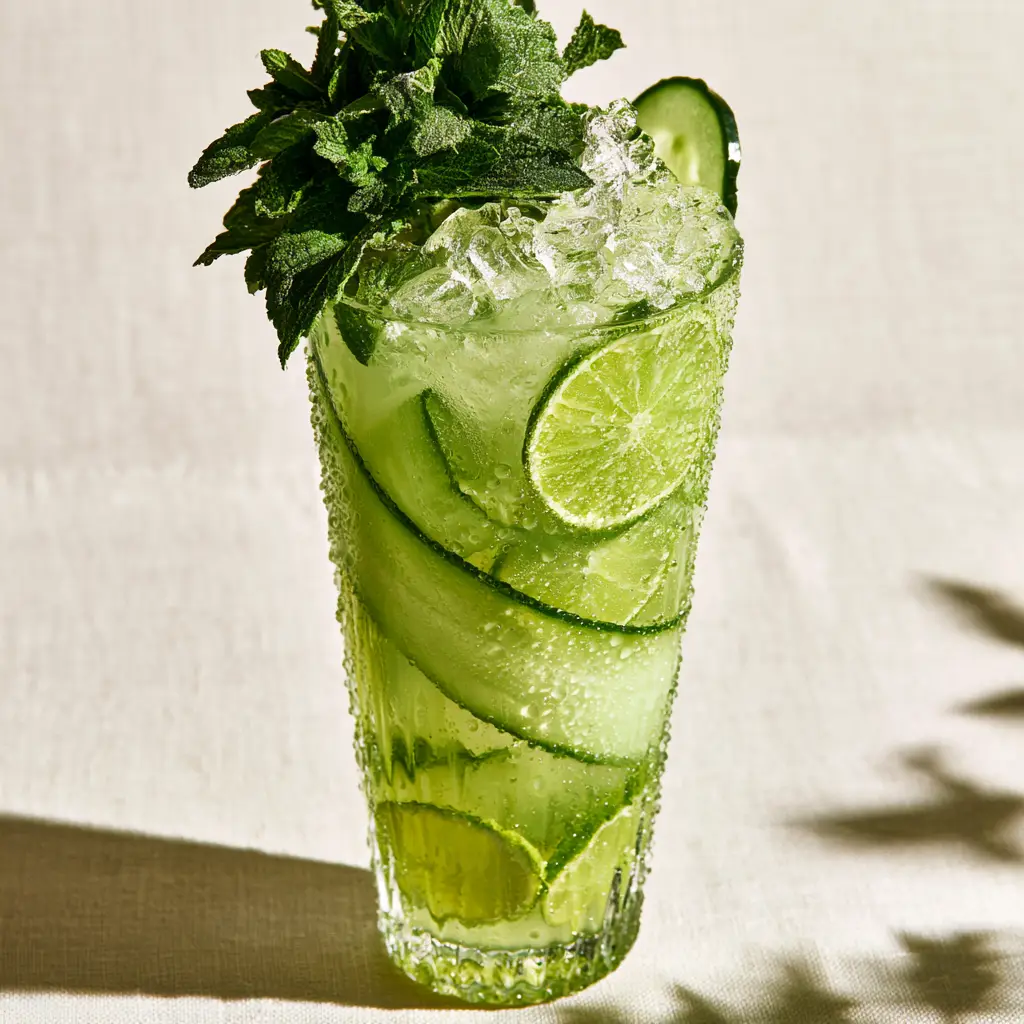 Close-up of a Cucumber Limeade Punch showing rising carbonation bubbles and thick condensation droplets on a vintage glass.