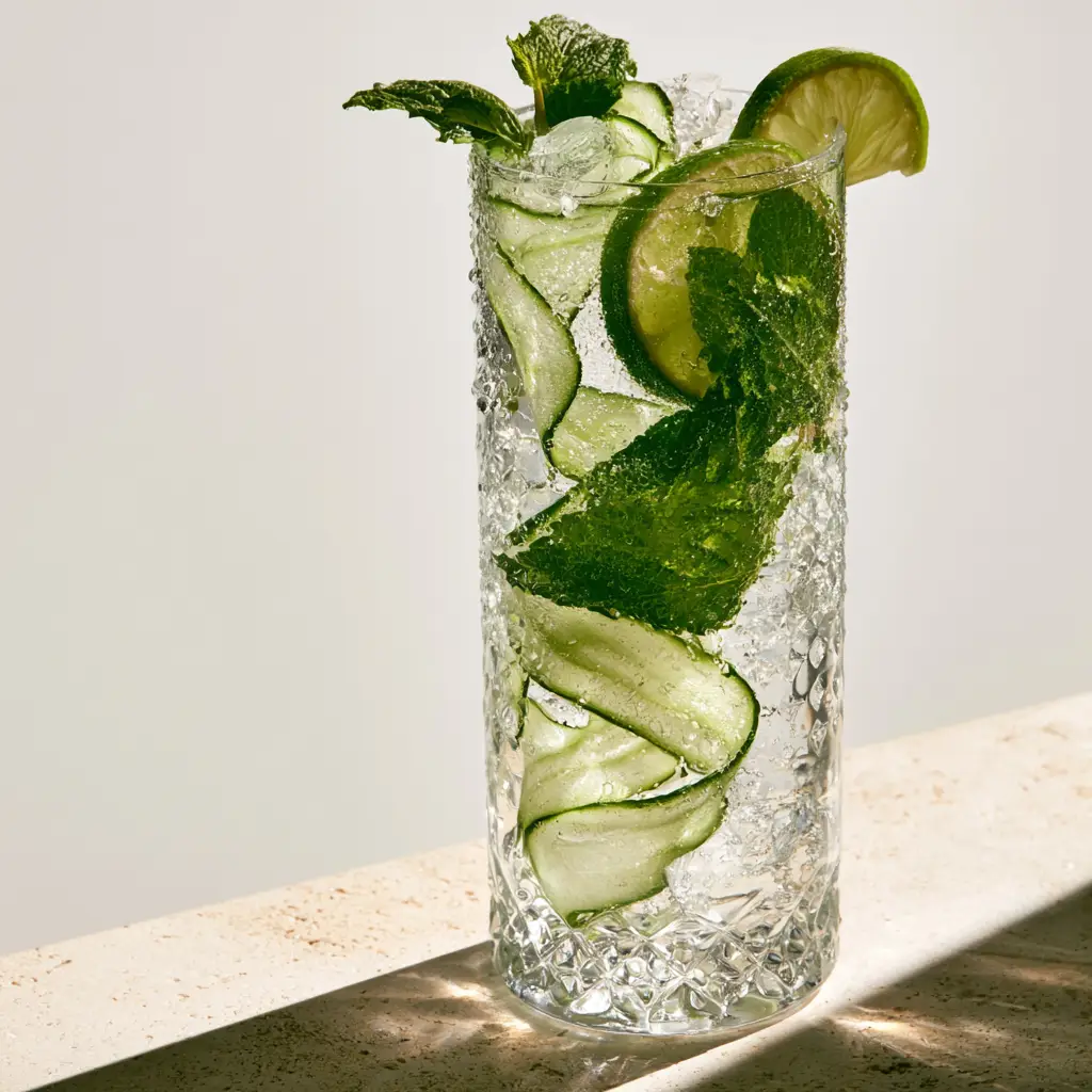 Macro photography of a cucumber mint lime drink with thick lime wheels and fresh peppermint leaves in direct sunlight.