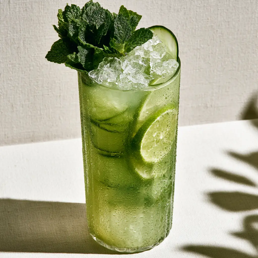 Cucumber Limeade Punch: The Ultimate Sparkling Summer Refreshment 1 Cucumber Limeade Punch served on a light linen background with soft afternoon shadows and fresh mint garnish.