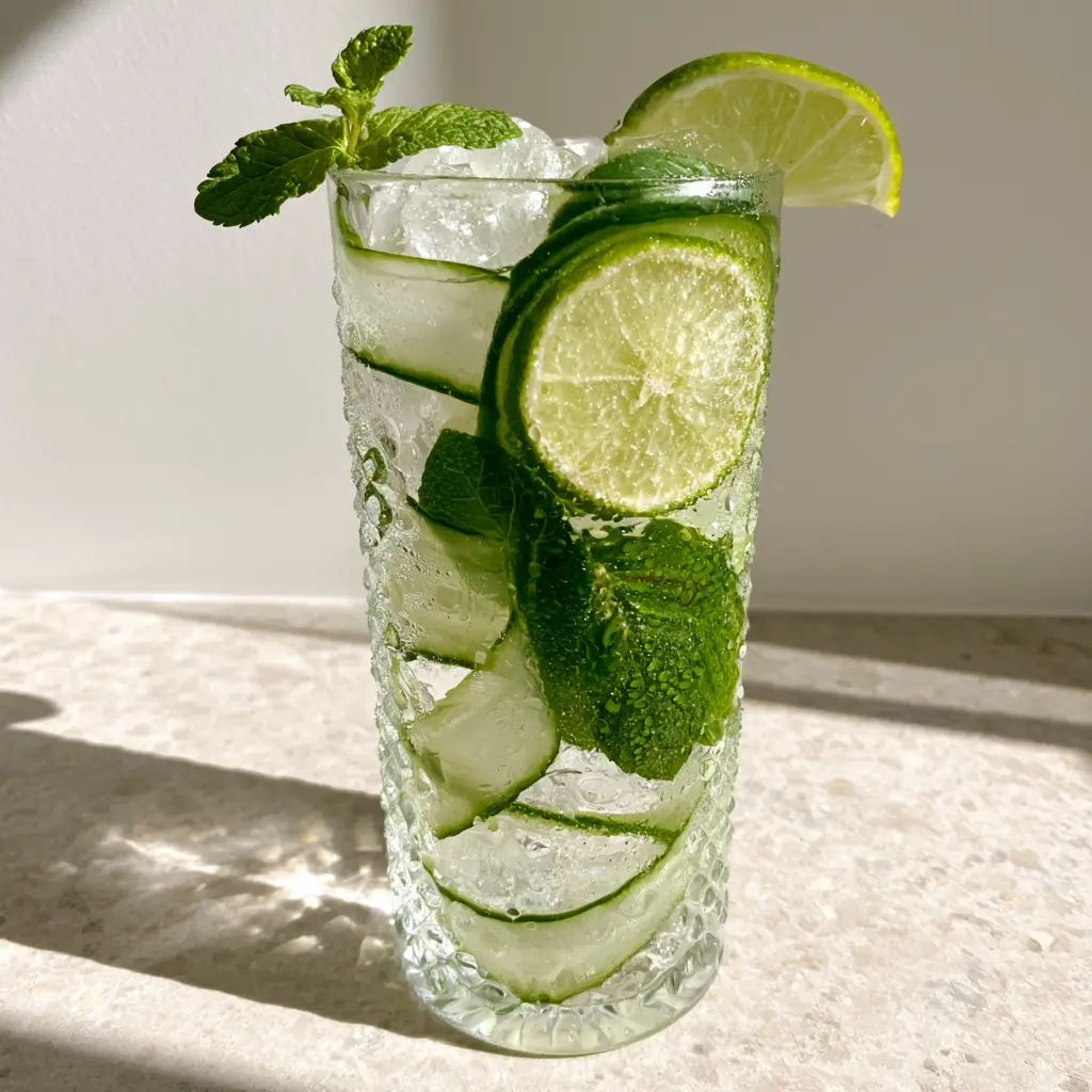 Cucumber Mint Lime Drink: The Ultimate Refreshing Summer Sparkler 1 A refreshing cucumber mint lime drink with heavy condensation droplets on a hobnail glass, showing artistic cucumber spirals.