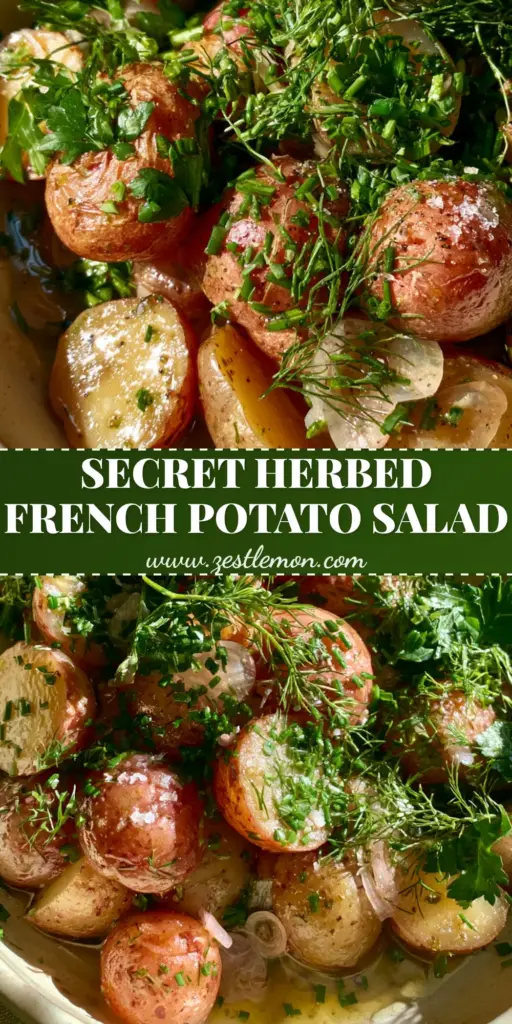 French Potato Salad with Champagne Vinaigrette and Fresh Herbs 4 A Pinterest-optimized vertical shot of French Potato Salad in a rustic bowl with glossy champagne vinaigrette and a canopy of fresh dill and chives.