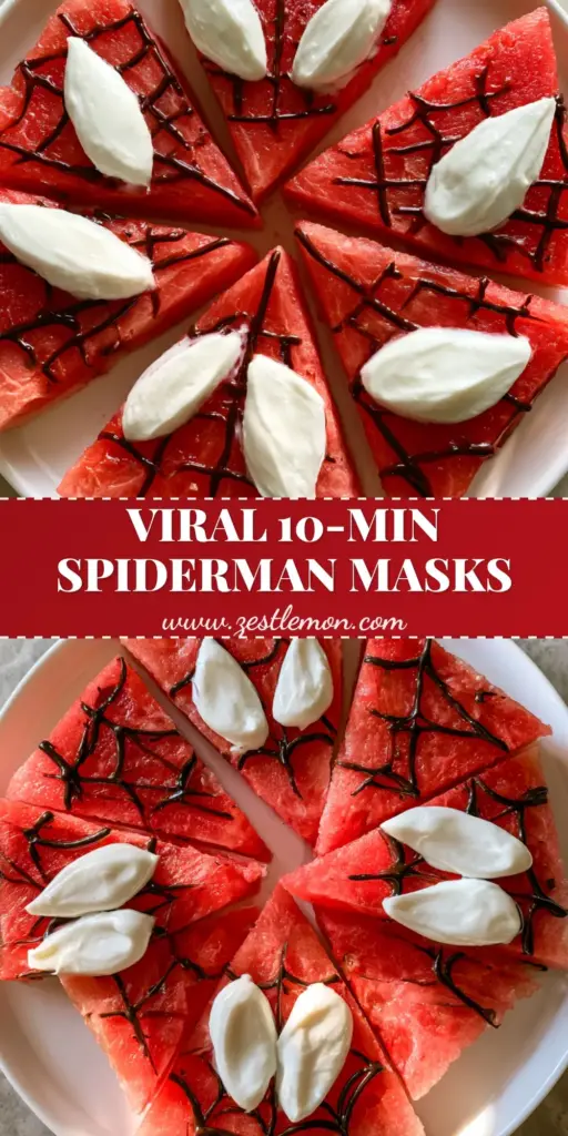 A professional flat lay of eight Spiderman watermelon masks on a white ceramic platter with dark chocolate webbing and Greek yogurt eyes.